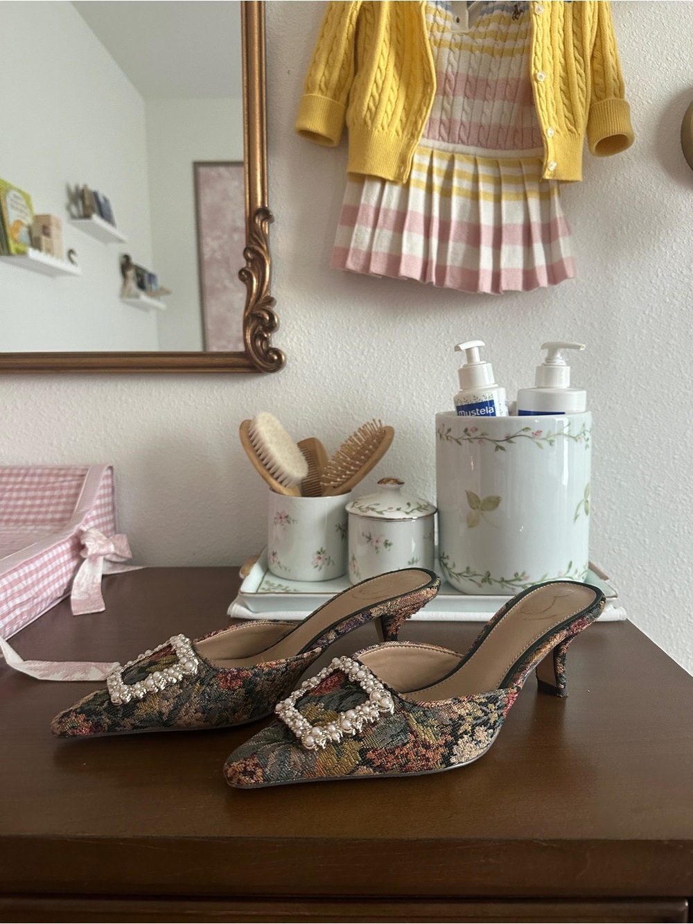 Sam Edelman Floral Tapestry Pearl Buckle Kitten Heel Mules - Multicolor